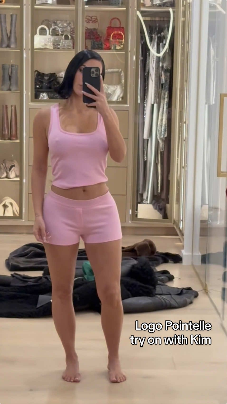 @Kim Kardashian wears SKIMS Logo Pointelle Sleep Set. 