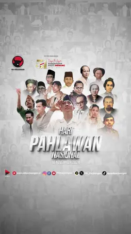 Keluarga Besar PDI Perjuangan mengucapkan selamat memperingati Hari Pahlawan Nasional  10 November 2024. Mereka berjuang tanpa pamrih, berkorban tanpa ragu. Di Hari Pahlawan ini, mari kita berikan penghormatan dan melanjutkan semangat juang para pahlawan dengan memberi yang terbaik bagi negeri ini untuk mewujudkan Indonesia Merdeka yang sejati-jatinya. “Bangsa yang besar adalah bangsa yang menghargai jasa pahlawannya”. Bung Karno. #PDIPerjuangan #MenangkanRakyat #SatyamEvaJayate #KebenaranPastiMenang #SolidBergerak