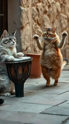 These cats have rhythm! エネルギッシュな猫の民族音楽ダルブッカダンス🐈️♪ 曲：Mahallede Darbuka İle Oynuyorum #darbuka#bellydance#cute#cat#ai