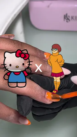 hello kitty as velma 🥹 loved this concept my client brought in! 📍CT #nailtech #ctnailtech #fallnails #ctnails #characternailart #ctnailtechnician #hellokittynails #nailart 