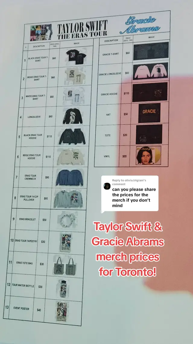 Replying to @olivia.trigiani Here is the Canadian prices for Taylor Swift & Gracie Abrams #toronto #erastourmerch #taylorswiftmerch #concerts #erastour #taylorswifterastour #taylorswift #gracieabrams 