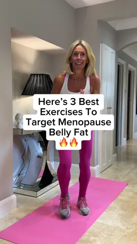Here are 3 exercises to help target menopause belly fat. Interval sprint training is a great way to burn calories, squats uses the biggest muscles in your body so are a must and the last one tones and tightens the stomach.  🤗
