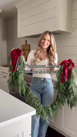 Sharing how I decorated our 100 year old farmhouse kitchen! I’ve pinned the links to all the products seen here in the comments below! 👇  #holiday #walmart #christmas #holidaydecor #farmhouse #kitchen #viral #garland #christmasdecor #vintage #classicstyle #bow #mytexashouse 