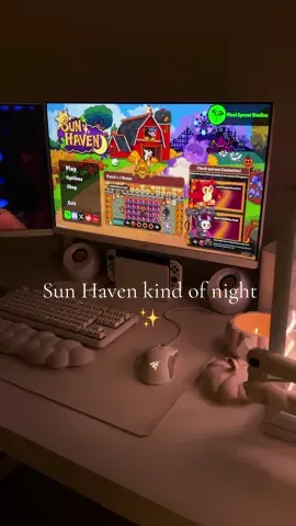 Sun Haven kind of night ✨  I got the transparent taskbar that everyone kept recommending me on my last video and it’s a game changer so thank y’all 🫶🏼 If you’ve had Halo Top what’s your fav flavor? Mine’s definitely Peanut Butter Cup 😋 🏷️ #cozygaming #cozygamingsetup #aestheticdesksetup #sunhaven #cozygamingcommunity #cozygamer #desksetup #deskinspo #pcgaming #GamerGirl #pcsetup #whitepc #whitepcbuild #gameroomsetup #gameroominspo #CapCut 
