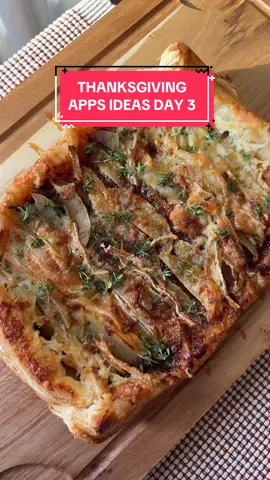 apple, brie, and fig tart 🍎🍯💫full recipe below!  what you’ll need:  1 sheet of puff pastry (thawed) 1 large apple, thinly sliced (I used Honeycrisp) 4-6 ounces brie cheese, thinly sliced. Fig jam (or fig butter)  1 egg  1 tbsp fresh thyme Flour (for dusting) Hot honey (optional for a drizzle)  instructions:  1. Preheat the oven to 425 degrees.  2. Lightly flour the counter. Place the thawed puff pastry sheet on the counter and roll until smooth and even. You don’t have to roll it out too much; I did it enough to make it a slightly larger rectangle. If it sticks while you try to roll it out, sprinkle some flour on the puff pastry and resume rolling. Carefully transfer the puff pastry to the parchment-lined baking sheet. 3. Add a few scoops of fig jam and spread evenly across the bottom, leaving about a 1/2 inch border around all the edges.  4. Next, place an even layer of thinly sliced apple on top of the fig jam, followed by an even layer of brie cheese.  5. Gently fold all sides of the pastry in, pinching at each corner.  6. Beat the egg and brush it over the edges of the puff pastry. Bake in the oven for 25-30 minutes until fully cooked and golden brown.  7. Top with fresh thyme and an optional drizzle of honey. Cut into pieces of whatever size you desire, and enjoy!  #thanksgivingappetizers #thanksgivingrecipes #thanksivingappetizerideas 