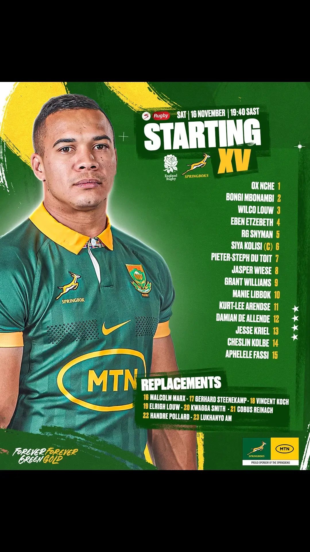 A welcome return for Wilco Louw as the #Springboks made 12 changes to their starting team to face England in London on Saturday 💚💛 #ForeverGreenForeverGold #SportsOnTikTok 