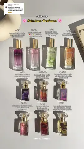 Replying to @⋆·˚ ༘ 𝙌𝙪𝙞𝙣𝙣 ✧.* rating all my szindore perfume collection. setakat ni paling fav, candy crush, rosie in eden and forgiven rose! ❤️ #szindore #szindoreperfume #localperfume #inspiredperfume 