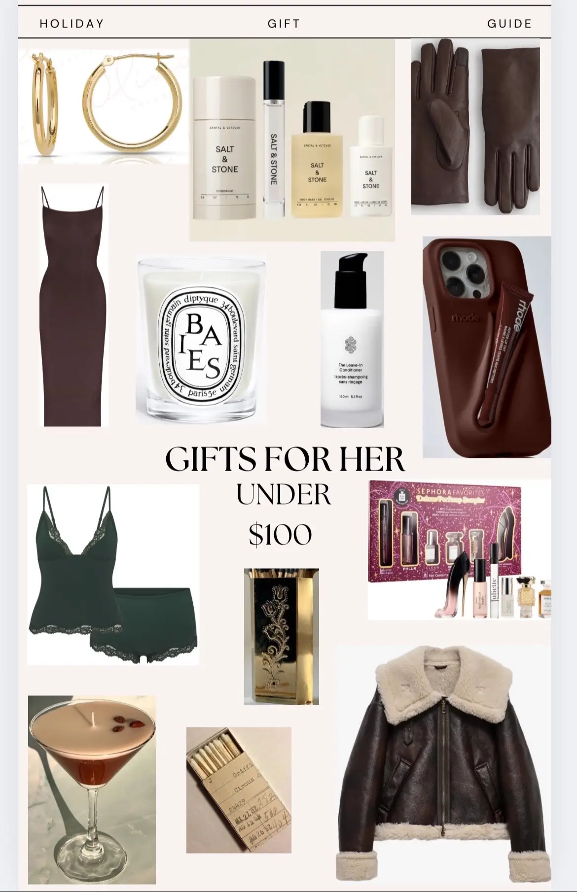 -14k gold hoops olivias @oliviascollection7  -lipgloss phonecase @RHODE  -lined aviator jacket @Amazon Fashion  - espresso martini candle candlelume @Etsy  -vintage match striker/holder @etsy -Body care essentials @SALT & STONE  -cashmere lined leather gloves @Quince -The mini hydration hair set @Crown Affair  -long slip dress/ tank&short set @SKIMS  -Holiday perfume sampler set @sephora  #christmaswishlist #holidaygiftguide #fyp #christmasgiftideas #giftguide #christmas #christmas2024 