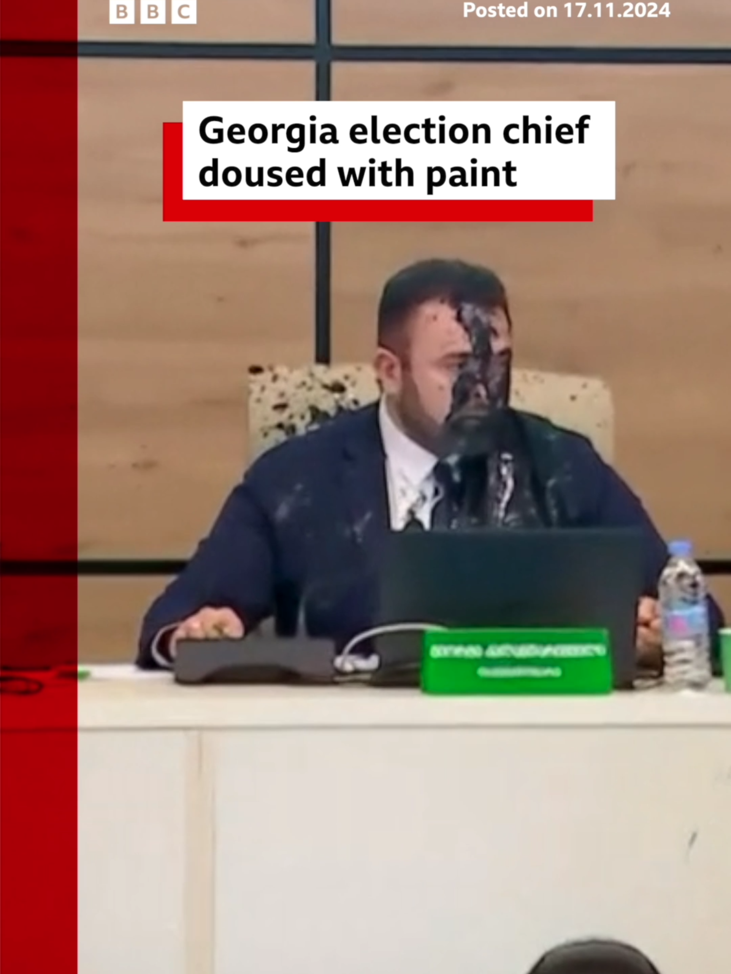 The head of Georgia's electoral commission, Giorgi Kalandarishvili, was doused during the confirmation of a poll by David Kirtadze, an opposition party official. Kalandarishvili signed a protocol that said pro-Russian party Georgian Dream had won another term, which has triggered days of protests in the capital, Tbilisi. The pro-western president, Salome Zourabichvili, described the vote as illegitimate, accusing Russia of interference. #Georgia #Tbilisi #Paint #Protests #ElectoralCommission #Russia #BBCNews