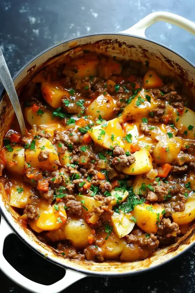Cheesy One Pot Beef and Potatoes COOK TIME 35 minutes  This Cheesy One Pot Beef and Potatoes is comfort food at its finest! It’s loaded with hearty, savory ingredients—tender slices of potato, seasoned ground beef, and a mix of colorful veggies, all topped with melty cheddar cheese.  The whole dish comes together in one pot, so it’s easy on the clean-up too. It’s perfect for those nights when you want something cozy and satisfying without spending hours in the kitchen. Just a few simple ingredients, a bit of simmering, and you’re set with a meal everyone will love.   Ingredients: ▢ 2 tablespoons salted butter ▢ 2 to 2 1/2 pounds russet potatoes about 5-6 medium potatoes, sliced ▢ 1 1/4 pounds lean ground beef ▢ 1 red bell pepper chopped (adds a nice pop of color) ▢ 1 jalapeño chopped ▢ 1 sweet onion chopped ▢ 4 ounces mushrooms chopped (I used a gourmet blend) ▢ 3 cloves garlic minced ▢ 1 tablespoon all-purpose seasoning use your favorite—I went with DUST by VooDoo Chef ▢ 1 teaspoon salt ▢ 2 tablespoons tomato paste ▢ 2 c whole milk ▢ 1 c shredded cheddar cheese ▢ Chopped parsley for garnish if you like Instructions:   Slice the potatoes in half lengthwise, then cut them into 1/4-inch thick rounds. In a Dutch oven or large non-stick skillet, melt the butter over medium-high heat. Add the potato slices and cook for around 8 minutes, stirring often, until they start to soften up. Once they’re just beginning to get tender, take them out and set them aside. In the same pot, add the chopped peppers and onions, cooking for about 3 minutes until they begin to soften. Add the ground beef and cook until it’s just starting to brown. Stir in the garlic, mushrooms, seasoning blend, and tomato paste, mixing everything well. Return the potatoes to the pot, stirring gently to combine with the other ingredients. Pour in the milk, cover with a lid, and let it cook on medium heat for 15-20 minutes, or until the potatoes are fully tender. If it looks like there’s a bit too much liquid, take the lid off for the last 5 minutes so it can reduce a bit. When everything’s ready, sprinkle the cheddar on top and pop it under the broiler for a minute or two until the cheese is melted and bubbly. Finish with a sprinkle of parsley if you’d like. Serve it up with a big glass of milk and a simple side salad. Enjoy!