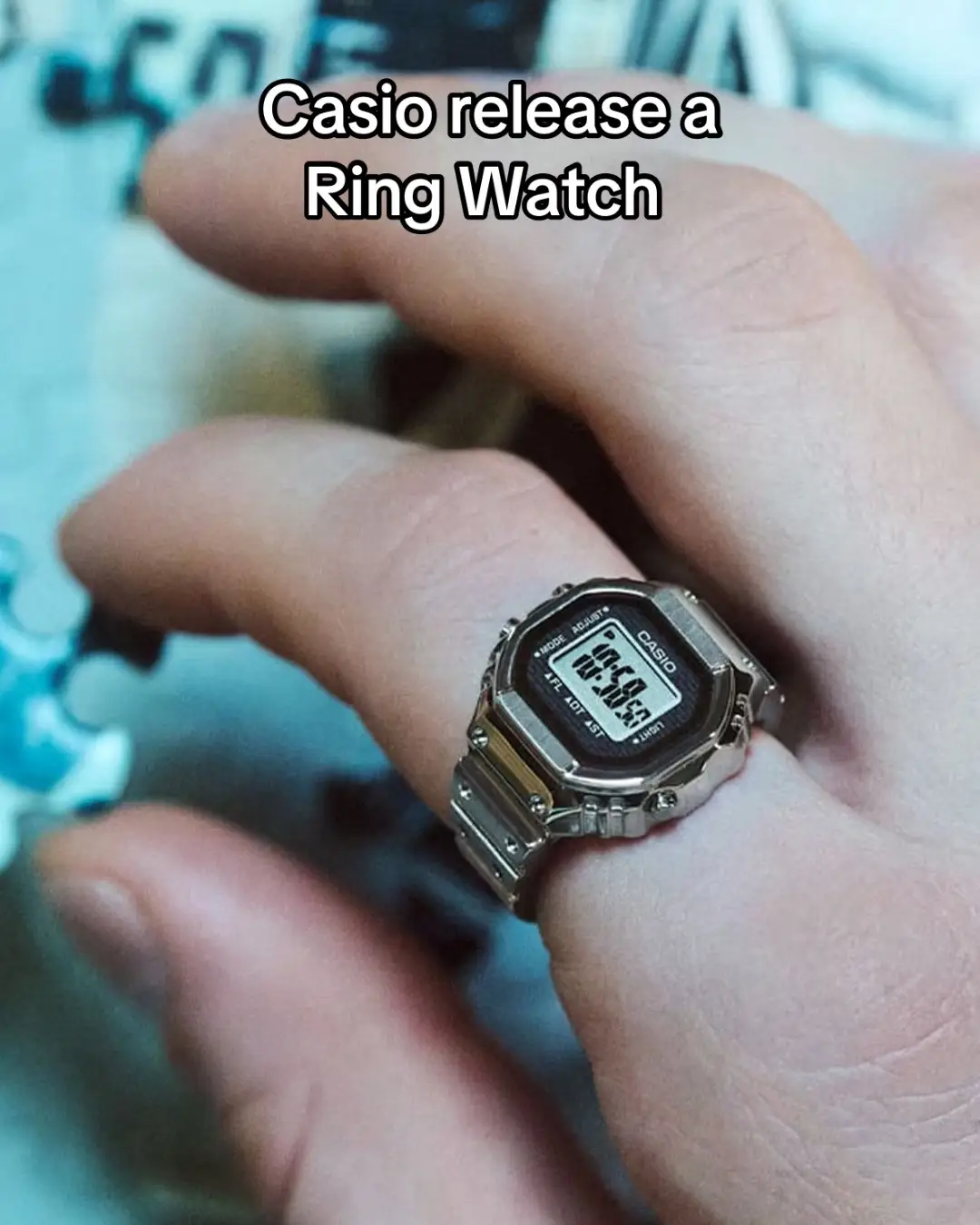 Casio release the CRW-001-1JR Ring Watch in celebration of the label’s 50th anniversary.  The ring was crafted using advanced metal injection molding technology- Powdered metal is injected to create the complex shape of Casio watches.   The Ring Watch is waterproof and can simultaneously display time across two different time zones.  #Casio #Ring #Watch #WatchTok #Retro #TikTokFashion 