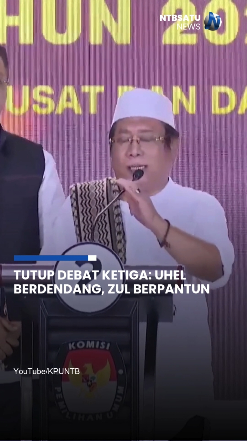 Pasangan Calon Gubernur dan Wakil Gubernur NTB Nomor Urut 2, Zulkieflimansyah-Suhaili FT (Zul-Uhel), menutup debat ketiga Pilgub NTB 2024 dengan aksi lucunya, Rabu, 20 November 2024 malam. Saat penyampaian, Uhel -sapaan Suhaili FT- tampak bersenandung dengan bahasa Sasak. Kemudian, dilanjuti dengan Calon Gubernurnya, Bang Zul menyampaikan pantun.