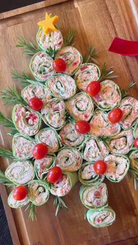 Southwest Chicken Pinwheel Tree!🎄 So cute and delicious for holiday parties!! Really easy to make, no baking required!  Ingredients: 8 oz cream cheese  2 cups chicken (shredded) 1 cup shredded cheddar  10 oz rotel (drained) Handful of green onions  Salt/Pepper/Garlic Powder  5 large burrito sized spinach tortillas  Garnishes:  Cheddar cheese star Fresh rosemary grape tomatoes  Directions:  1. Add cream cheese, chicken, cheese, rotel, green onions, and seasonings into a large bowl. Mix with a hand mixer until combined.  2. Spread onto each tortilla, giving about 1 inch of room around the outer edge.  3. Stick in the freezer for at least 30 minutes, and then slice in 1” sections.  4. Lay onto a serving tray in the shape of a tree, and then add garnishes!  #christmasrecipes #holidayrecipes #holidayappetizers #christmasappetizers #EasyRecipes 