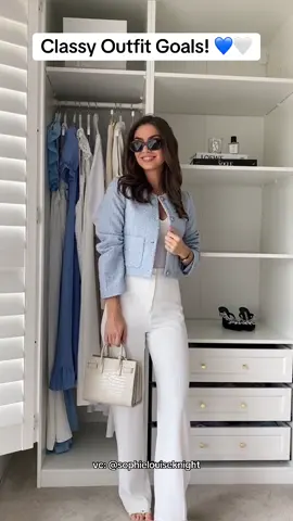 Minimal yet stunning—this blue jacket and white pants duo is the ultimate classy look. 💙🤍💫  _ vc: @sophielouiseknight _ #CreatorSearchInsights #GotIt #AshwinGane #ClassyOutfit #ChicAndElegant #BlueAndWhiteStyle #TimelessFashion #MinimalistChic #StyleInspo #WardrobeGoals #SophisticatedStyle #FashionInspo #luxurylooks 