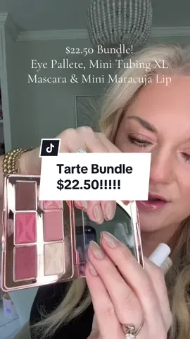 @tarte cosmetics eye palette, mini tubing XL mascara & Maracuja Lip mini fir $22.50. Absolutely insane price!!! #tarte #tartecosmetics #tartemaracujajuicylip #tartebundle #over40 #over40makeup 