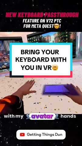 ⌨️Your keyboard just LEVELED UP IN #VR ! 🎉 The Keyboard Cutout feature in Horizon OS v72 lets you see and use your physical keyboard while fully immersed in VR. 🖥️✨ It works with almost any keyboard and bridges the gap between the virtual and real world seamlessly. 🔑💡 This is a huge win for productivity and immersion, especially with the promised @Meta Quest Windows Remote Desktop functionality on the way! 👀🚀 Typing in VR has never been easier. Get ready to work, play, and create like never before! 🌐🔥 #HorizonOS #KeyboardCutout #MetaQuest #XR #VirtualReality #ExploreWithQuest #QuestCreatorPartner #MixedReality #V72Update #Metaquest3 #Quest3 #Meta #Metaverse 
