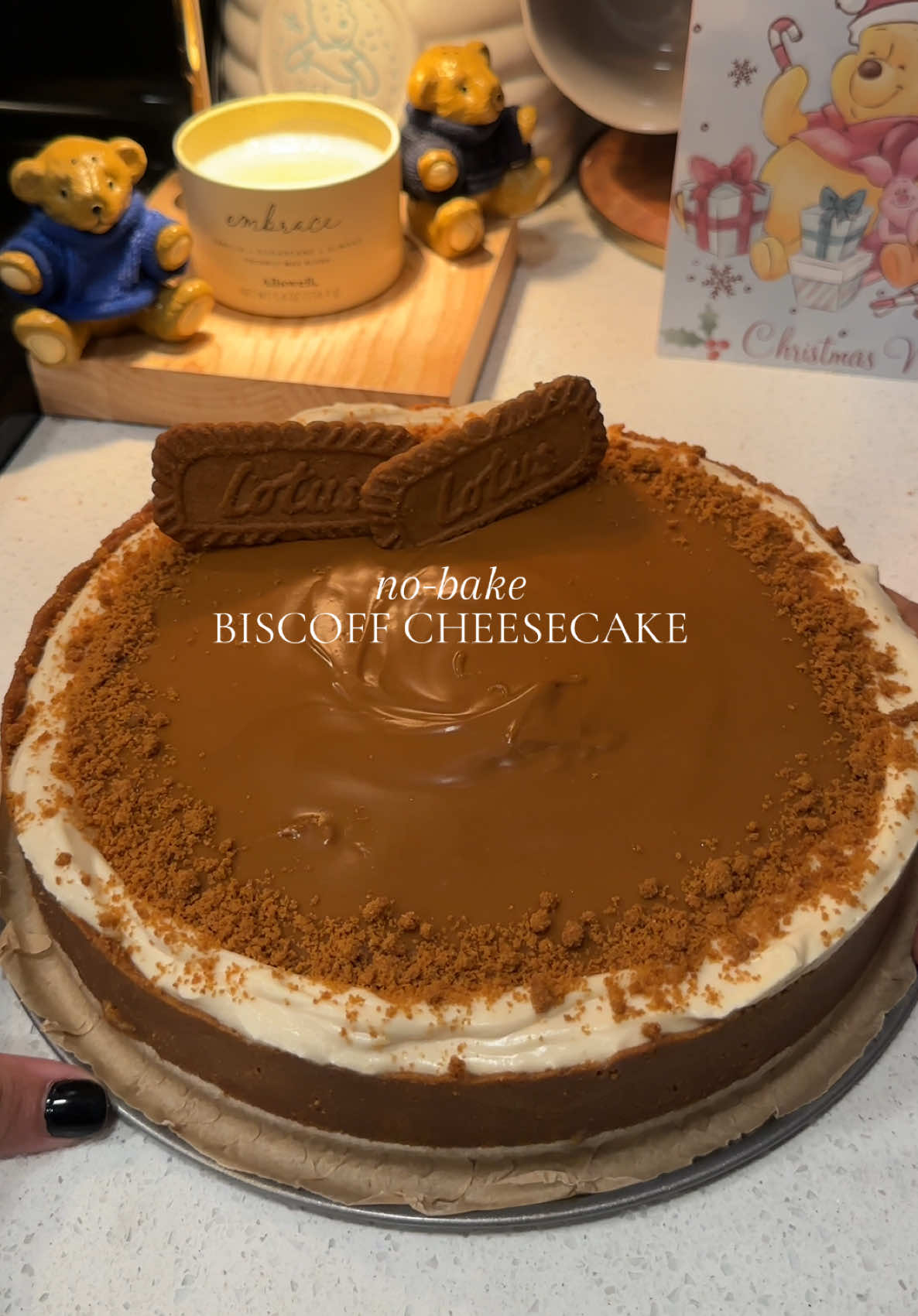 Thanksgiving Recipes Episode 8: No-Bake Biscoff Cheesecake🫶🏼🤎 recipe below! You guys have been wanting recipes you can make in advance, and this one is perfect to do that. This cheesecake can be made 1-4 days in advance, or the day of! Ingredients: * 2 blocks of room temperature cream cheese (16oz) * 1/3 heaping cup of sugar * 1tbsp vanilla  * 1 cup heavy cream (also at room temp) * 1 packet of Biscoff cookies (8.8oz) * Biscoff cookie butter *NOTE: if you want a thicker crust, more crust, or you want to add extra crumbs to the top of the cheesecake, get an extra packet of the Biscoff cookies! Directions: 1. Prepare the crust first by mashing the cookies until they are a fine crumb. Using a food processor makes it easier, but you can also use something like a cup or a spoon. 2. Add room temperature butter to the finely ground crumbs, and mix until fully combined 3. I recommend a spring form pan for presentation (10 inches) but you can use any pan and just make more crust if needed. If your pan is smaller, you’ll have a lot of filling per slice. (I like less filling per slice) 4. Form the crust in your pan, try to make the bottom as even as possible with the bottom of a measuring cup. I use my fingers to crimp the sides at the end. 5. Put the crust into the freezer for 20 minutes 6. While the crust is in the freezer, make the filling. In a large bowl, combine the cream cheese, sugar, and vanilla. Use a hand mixer or stand mixer to combine. 7. In a medium bowl, whip together the heavy cream and 2 heaping tablespoons of the cookie butter together until it forms a stiff peak. It’ll be like whipped cream. 8. Fold the whipped cream into the cream cheese base until combined.  9. When your crust is ready, transfer the filling into the pan. Smooth the top until it’s even. You can add a 1/4 cup of melted cookie butter on top at this point, but I prefer to let the filling chill on its own for 3 hours before decorating so it holds it shape better. 10. If you decide to put the melted cookie butter on top before letting the filling chill, you can either pour it to cover the top or do a drizzle. Then let it chill for 3-4 hours 11. If you decided to let the base chill first, take it out after 3 hours and add the cookie butter on top after. Also add some cookie crumbs if you want to be fancy! Then let it chill for another 30 minutes-1 hour 12. Enjoy!! I hope you guys love this one :)  #thanksgiving #thanksgivingdinner #thanksgivingrecipes #EasyRecipe #DinnerIdeas #biscoff #cheesecake #nobake #nobakedessert #nobakecheesecake 