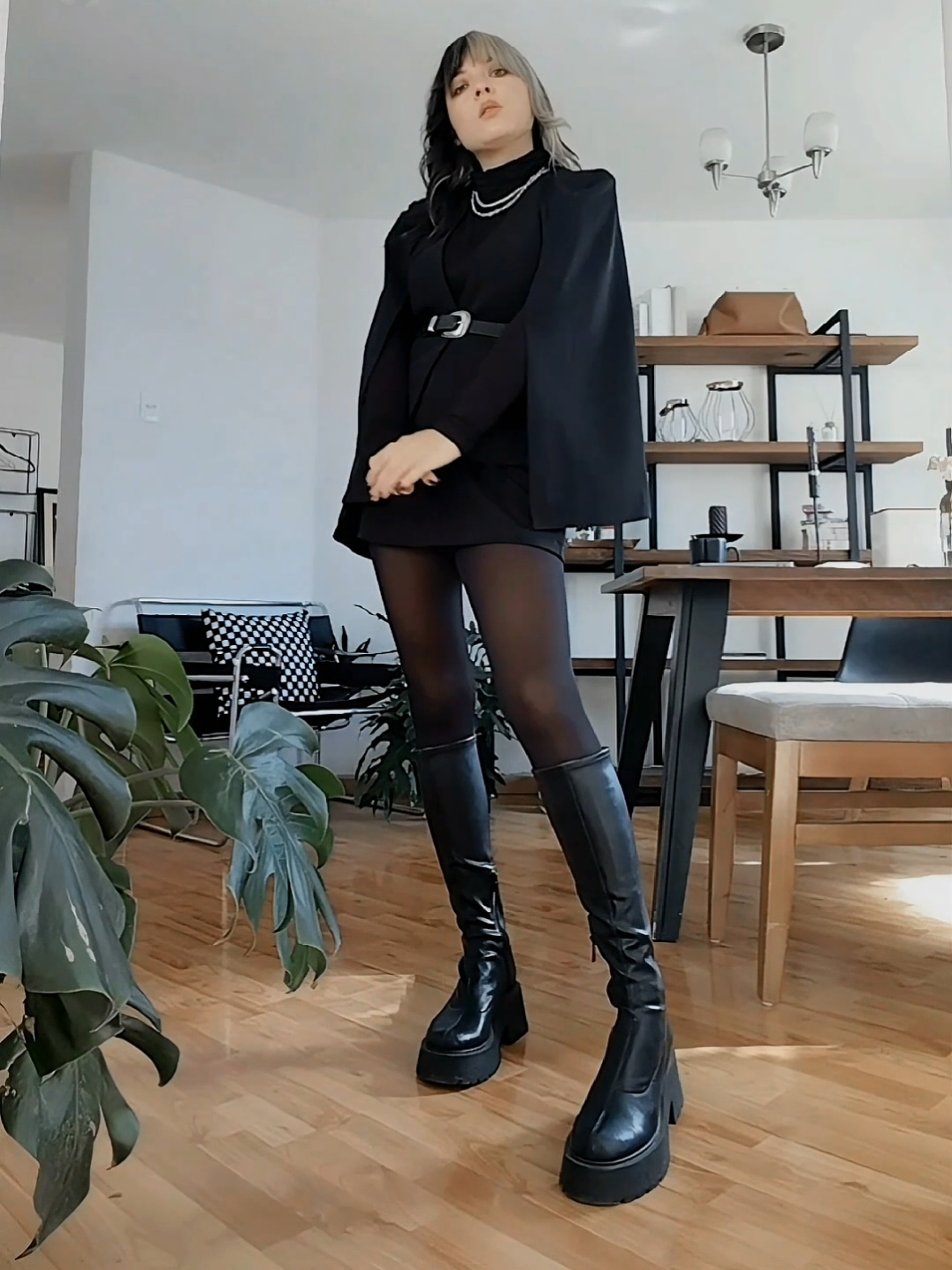 love the cape, it's kinda little vampi wings to me 🦇 #OOTD #grwm #altstyle #blackoutfit #hairstyle #altgirl #softgoth #corporategoth #darkacademia #stylingideas dark outfit styling, black closet, high knee boots, black boots, black skirt