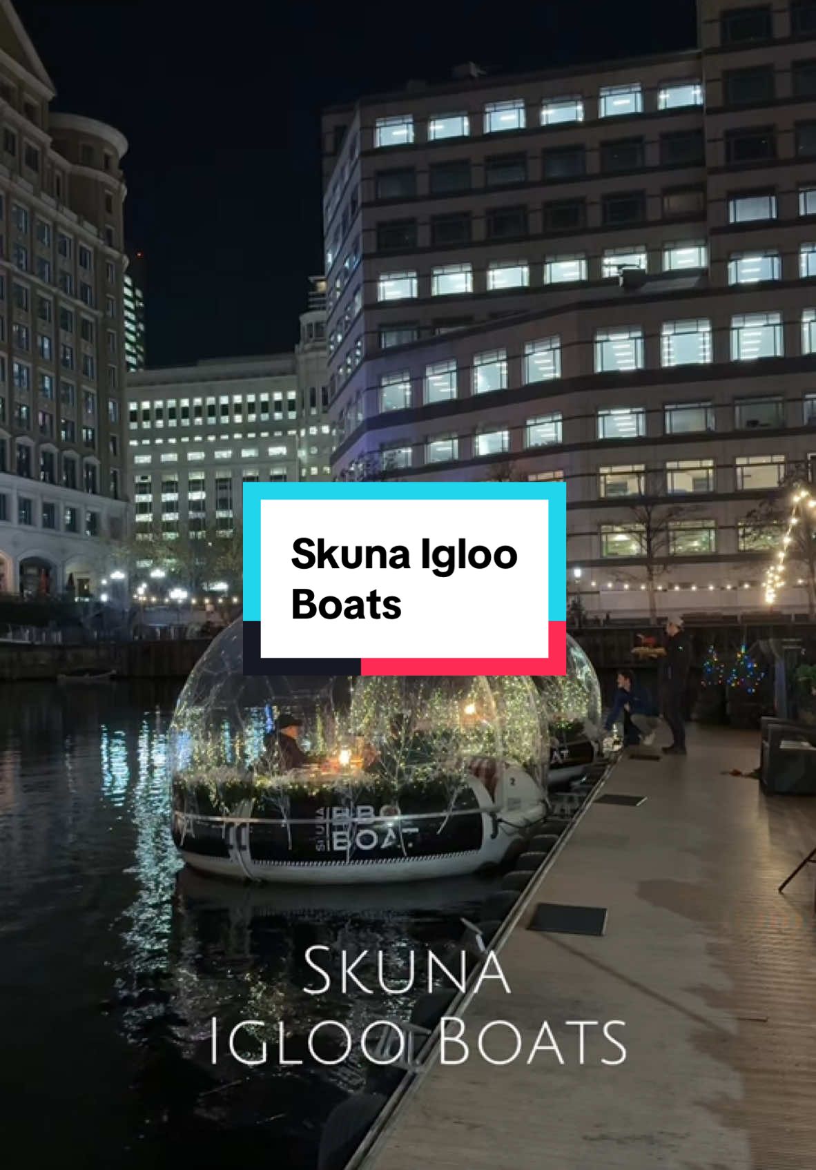 We had the opportunity to sample @skunaboats new igloo boats this week and had the best time getting into the Christmas spirit!  We hopped on board and watched the Canary Wharf skyline as we floated by along the quay.  Inside the igloos we were kept warm with blankets and of course the igloo cover as we sipped prosecco and mulled wine and enjoyed chocolate fondue with loads of dipping options.  We shared the igloo with some amazing people, but you can book your very own just for your group.  The perfect Christmas experience at Canary Wharf.  Disclaimer: We were invited for a pr event, however as always all opinions are our own. #londontiktok #iglooboat #londonchristmas #londondiaries #londonchristmas2024 #christmasinlondon #londonthingstodo #londondateidea #londonexperiences #canarywharf #CapCut 