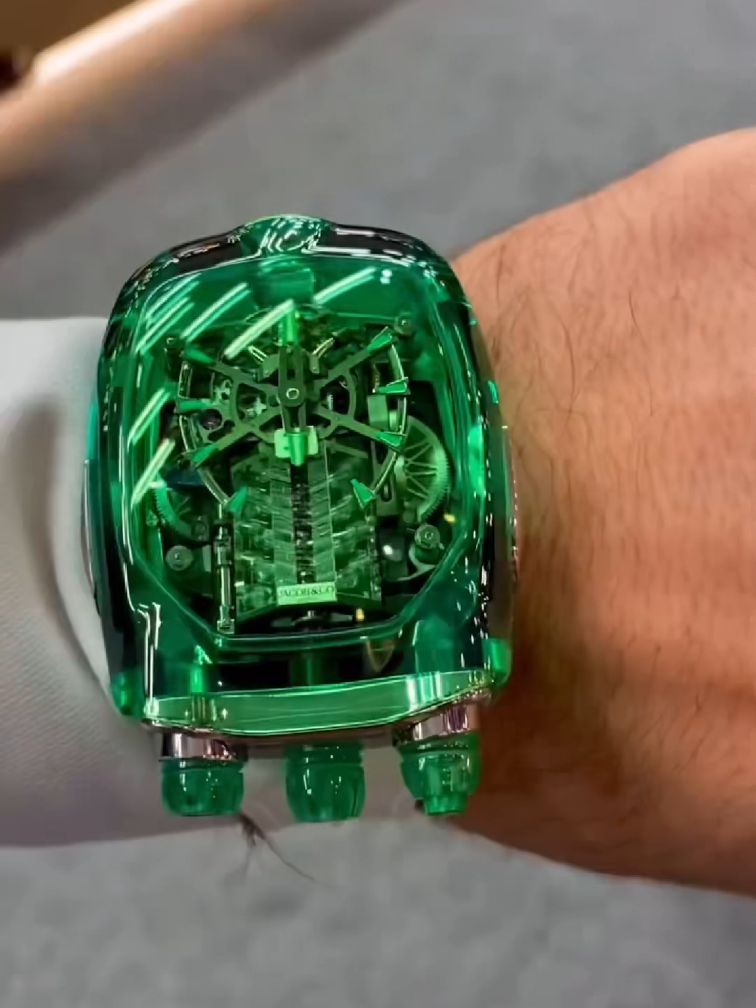 POV: You’re wearing a Bugatti supercar on your wrist.  The Jacob & Co. Bugatti Chiron Tourbillon Green Sapphire Crystal is a Piece Unique—built to awe, impress, and turn every head. #Jacobandco #inspiredbytheimpossible #Bugatti #Bugattichiron