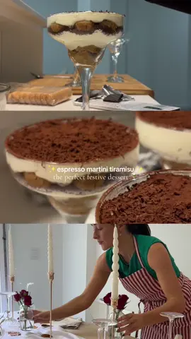 The girlies love espresso martinis. The girlies love tiramisu. If you’re hosting #friendsmas, this is ✨the✨ dessert 🍸 This Baileys tiramisu recipe makes four large portions. It needs at least four hours to set so its a perfect dessert to make in advance for stress-free hosting. Ingredients • 250ml espresso or strong brewed coffee (room temp) • 250g double cream • 250g mascarpone (room temp) • 60g caster sugar • Ladyfinger biscuits • 4 tbsp Baileys • Dark chocolate • Cocoa powder Method  1) Make the coffee so that it has time to cool. 2) Beat cream into soft peaks on a medium speed. 3) In a large bowl, beat mascarpone and sugar together to soften the mascarpone. Fold the cream into the mascarpone (gently). 3) Mix the coffee and Baileys together in a shallow dish.  4) Dip a ladyfinger in for 5 seconds, then break to fit into the base of your first glass. Add 1-2 heaped tablespoons of mascarpone cream on top. Cover with a layer of grated chocolate. Repeat with another layer of ladyfinger biscuits, mascarpone cream and grated chocolate. 5) Repeat step 4 with the remaining glasses. Cover with clingfilm and chill in the fridge for minumum four hours. 6) When you’re ready to serve, finish with a dusting of cocoa powder. #girlsmas #christmas #christmasdessert #christmasparty #christmashosting #tiramisu #baileystiramisu #espressomartini #espressomartinitiramisu 