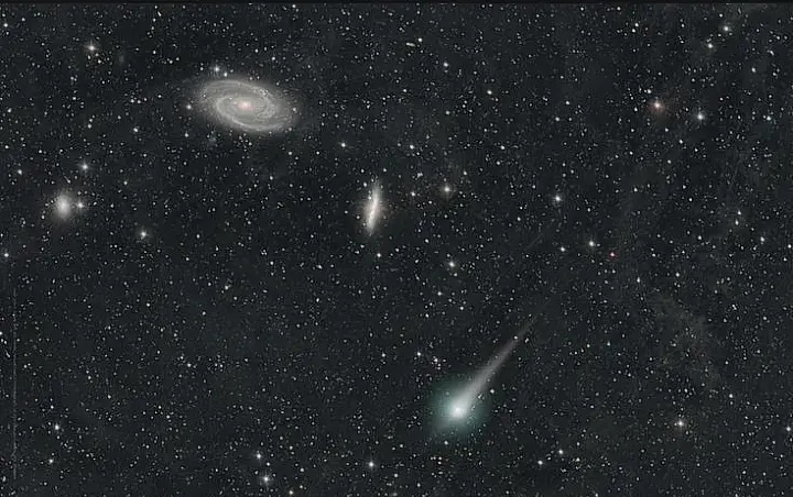 Messier 81 (also known as NGC 3031 or Bode's Galaxy) is a grand design spiral galaxy about 12 million light-years away in the constellation Ursa Major. It has a D25 isophotal diameter of 29.44 kiloparsecs (96,000 light-years).[2][5] Because of its relative proximity to the Milky Way galaxy, large size, and active galactic nucleus (which harbors a 70 million M☉[6] supermassive black hole (Source: Wikipedia) #universe #space #galaxy #fyp #m81 #messier 