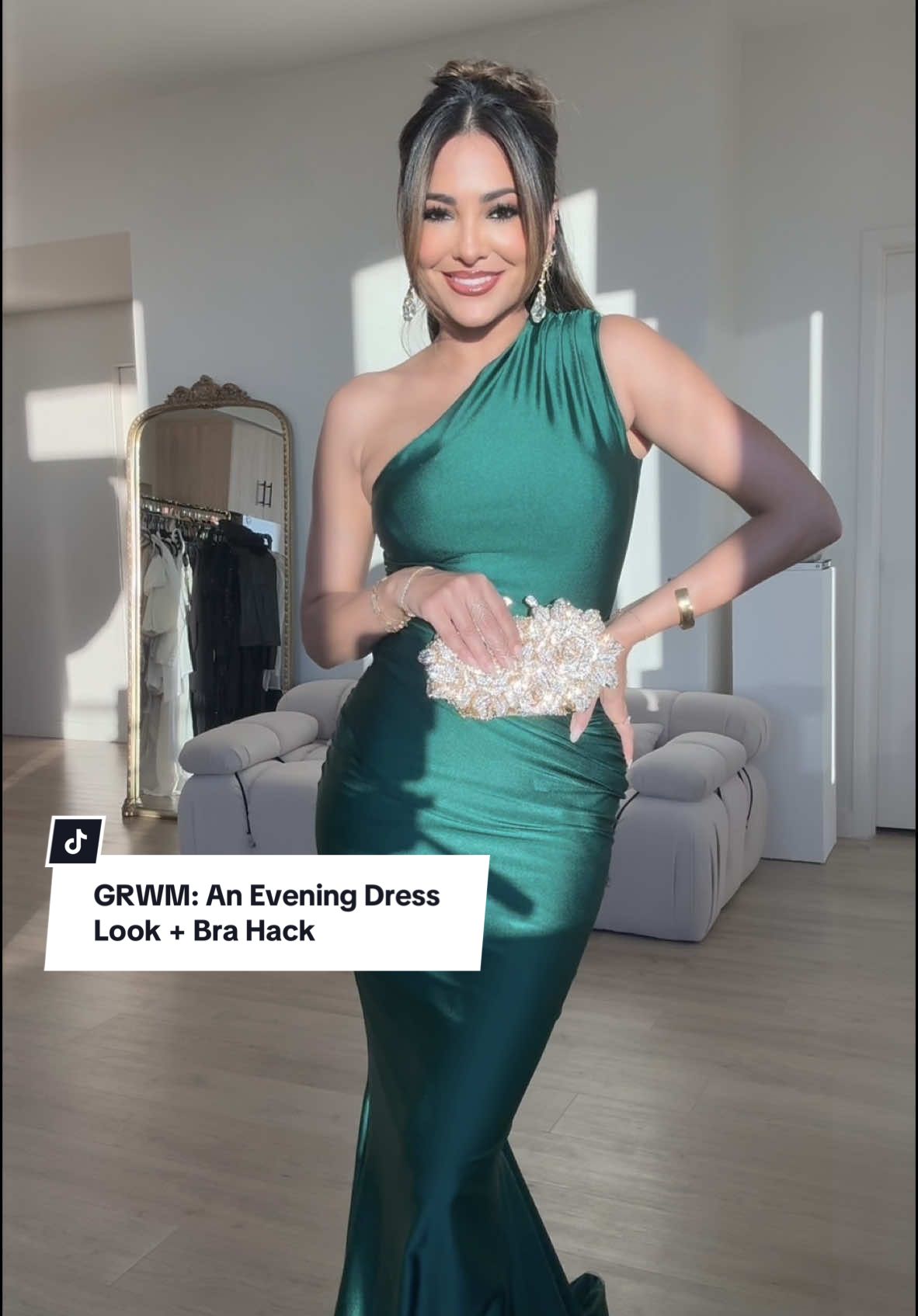 GRWM: An Evening Dress Look + Bra Hack  ✨ #fyp #styleinspo   + bra hack for one-shoulder dresses & tops ✨ Rate this #OOTD from 1-10💫 TAG someone who would love this & don’t forget to save the video to refer back to when styling • #todaysoutfit #outfit #fashion #styletips #outfitideas #grwm #fashionstyle #styling #wedding #weddingguest #bra #brahack #foryourpage  Outfit Detials: dress — @Jessica Angel  bag — amazon shoes — aldo earrings + cuff — alexis bittar eye shadow — urban decay space cowboy oil — tomford 