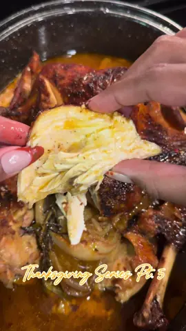 Roasted Turkey - Thanksgiving Series Pt. 5 ☺️👩🏽‍🍳 Whole Turkey (this one was 10lb) Stuff with: 1/2 Onion (bigger turkeys can hold a whole onion) Garlic cloves 1 whole lemon (cut in half) Rosemary Seasonings: Chicken bouillon  Garlic powder  Onion powder Smoked paprika  Garlic salt Basil Cayenne pepper Red pepper flakes  Black pepper Cajun seasoning (Tony’s or Slap Ya Mama) Marinate your turkey with seasonings above (1tsp of each) for at least 12hrs Melt 1 stick of butter and add desired amount of olive oil with same seasonings above to inject the turkey  Bake according to directions on the turkey (normally 15min per pound at 325) Bake covered for 1.5hrs, uncovered the rest of the time, and make sure to baste and inject every 30mins until done (at least 3.5hrs)  Enjoy!!! ☺️ #turkey #thanksgiving #fyp #thanksgivingdinner #thanksgivingrecipes #roasted #fypシ #recipes #cooking #dinner #DinnerIdeas #turkeytiktok #turkeyseason #turkeyrecipes 