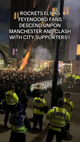 ROCKETS ARE UNLEASHED IN MANCHESTER BY THE FRONTLINE FEYENOORD FANS!!#youtube #police #footballl #manchester 