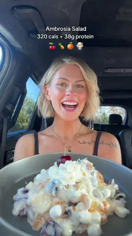 Ambrosia Salad🍨🍒🍍but low calorie and high protein (320cals + 38g protein) Recipe card in video!!  #ambrosia #salad #thanksgiving #christmas #dessert #breakfast #Recipe #mealprep #caloriedeficit #protein #healthy #balance #hack #beforeandafter 