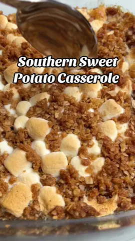Southern Sweet Potato Casserole is sweet and savory Thanksgiving side dish that’s decadently creamy with a streusel cookie crumble topping and toasty marshmallows. It’s is a staple for our holiday table and a side you’ve got to try this Thanksgiving or Christmas. #sweetpotatocasserole #thanksgiving #thanksgiving2024 #sidedish #holidaysides 