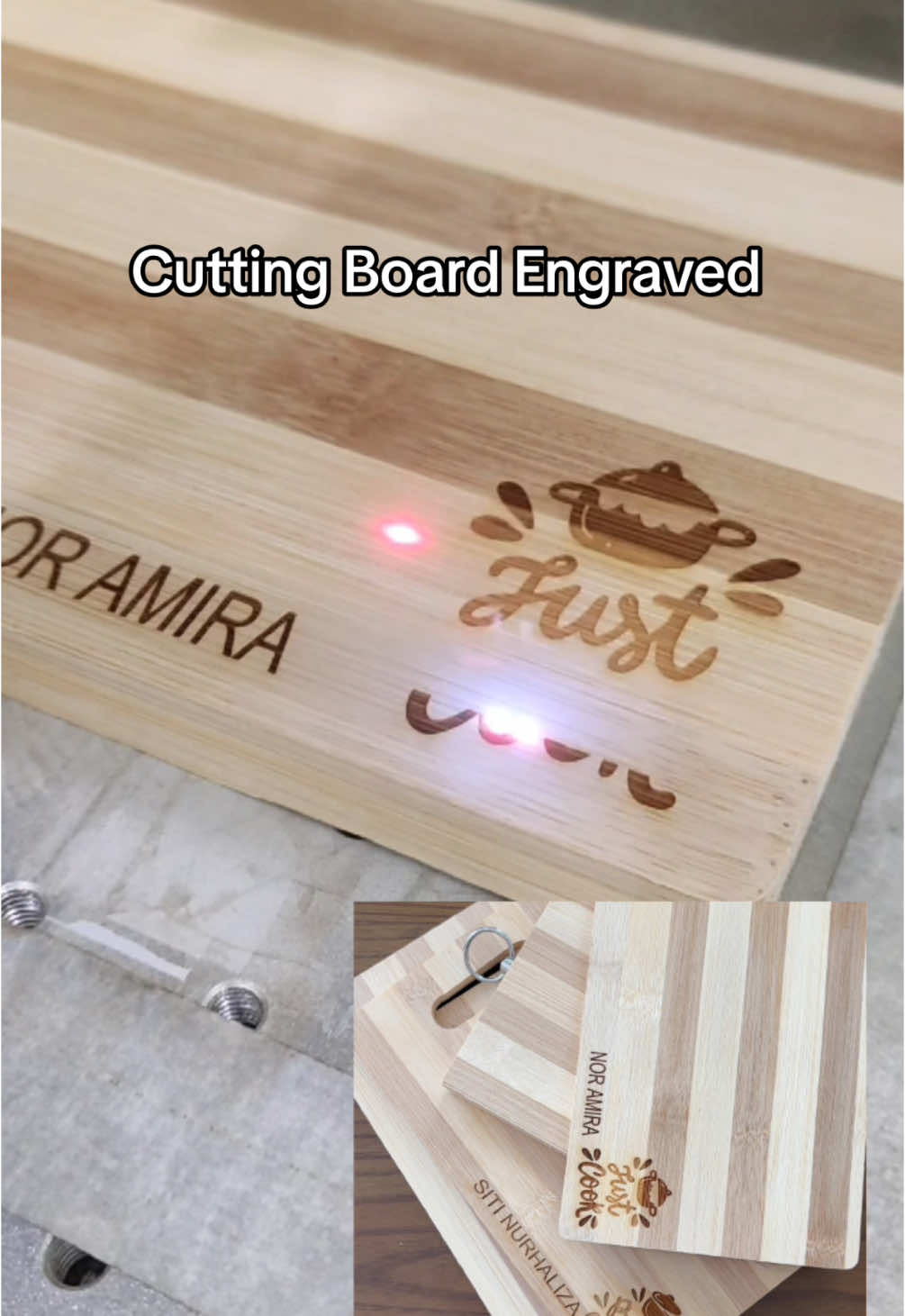 Custom nama/logo di cutting board #ukirankayu #lasermarking #engraved #engravecuttingboard #customcuttingboard #laserkraftangan #bamboocuttingboard 