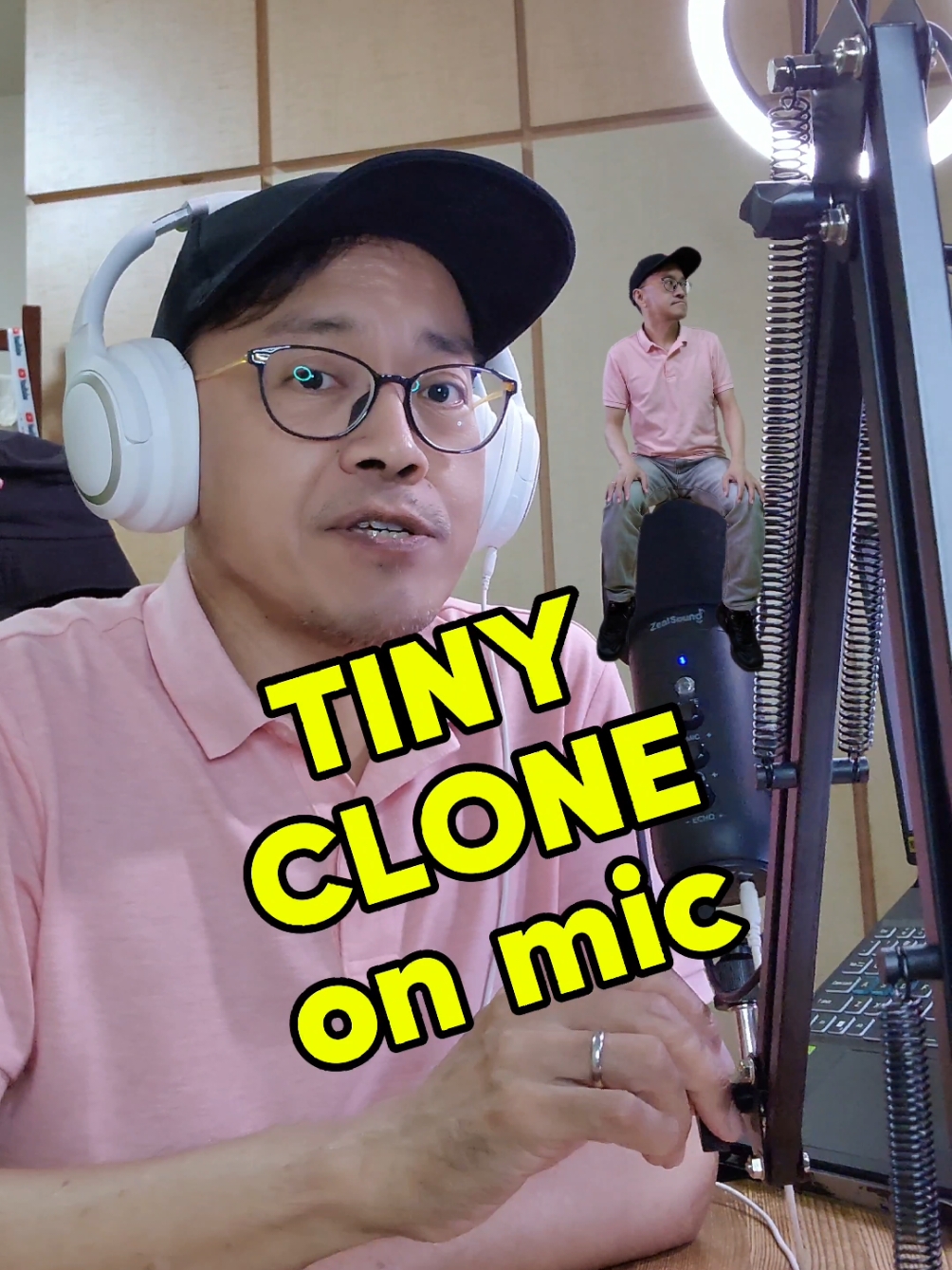 🤔 How to make a tiny clone of yourself sitting on a mic and getting flicked away? Easy.  First, record yourself pulling out the mic and pretending to flick your tiny clone. Then, record yourself pretending to sit on the mic and getting flicked away. Open CapCut and start a new project. Select the mic recording and tap on 