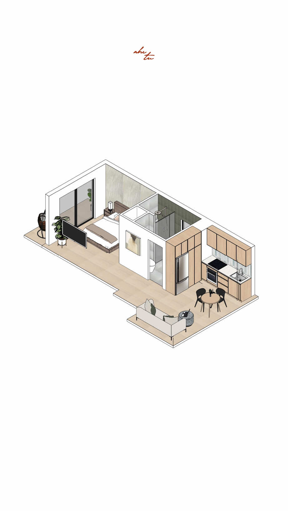 Studio Apartment 3D Floor Plan🪴🌆 3D floor plans are useful for visualising your design ideas in scale to the space. This helps designers and their clients figure out the best furniture layout, materials and colours before making any costly decisions.  Let’s collaborate!✨If you would like to add a 3D floor plan to your design project - DM or email me at  nhitu.design@gmail.com  #nhitudesign #interiordesign #homedesign #architecture #floorplan #3dmodeling #sketchup #newzealand #fyp 