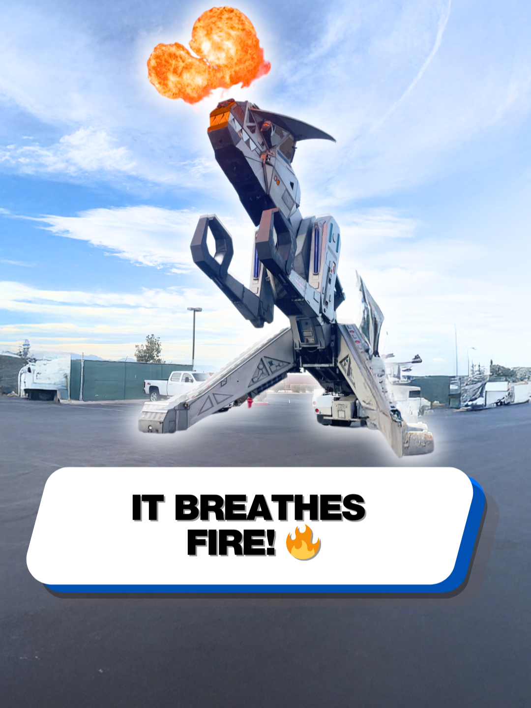 Cars don't stand a chance against this metal monster 💀🔥 #robot #dinosaur #fire #carcrush #cartok #custom #robots #dino #customcars #technology #pyrotechnics #firebreathing #techtok #supercarblondie