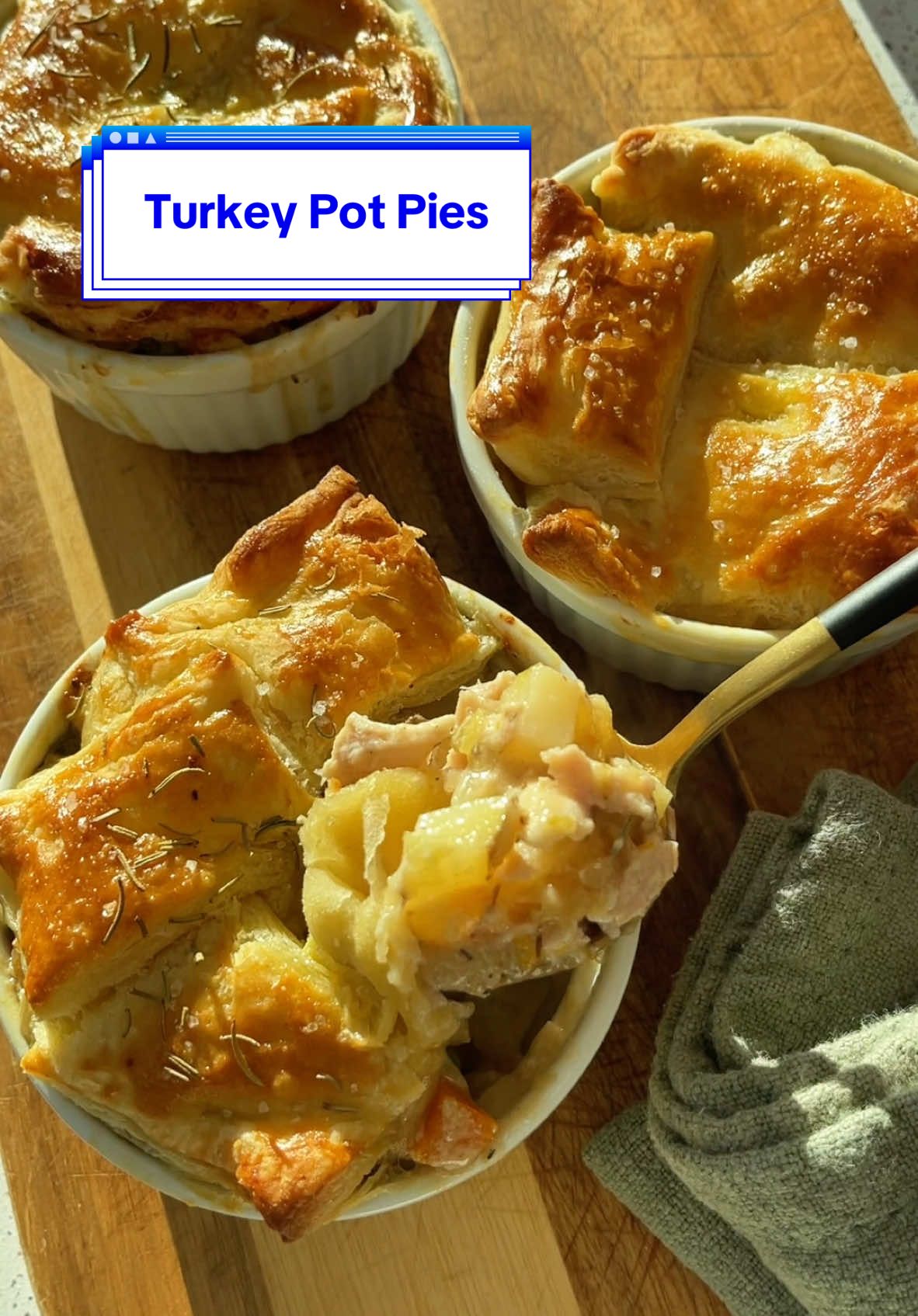 We’re taking that leftover turkey from Thanksgiving and repurposing it into these dairy free individual turkey pot pies. They do require a bit of extra work but come out so good. Recipe below!  Ingredients: - 2 tbsp dairy free butter  - 1/2 onion, diced - 1 celery stalk, diced  - 4 cloves garlic, diced - 1 tsp dried rosemary - 1 tsp dried thyme  - 1 tsp ground sage  - Salt & pepper - Leftover turkey (to your heart’s content)  - 1/4 cup flour  - 12oz coconut milk (regular/full fat)  - 1/2 cup chicken stock  - 2 yellow potatoes, diced  - 1 sheet puff pastry, cut into squares  - 2 eggs, beaten  Recipe: 1. Heat butter on medium heat and cook onion and celery until softened.  2. Add garlic and season with thyme, rosemary, sage, salt, and pepper. Continue to cook for 3-4 minutes.  3. Add flour and combine well, cooking out the raw flour.  4. Add frozen peas and carrots, coconut milk, stock, diced potatoes, and leftover turkey.  5. Bring to a simmer and allow the filling to reduce and thicken slightly.  6. Spoon the filling into 4 ramekins and top with puff pastry squares and top with an egg wash.  7. Bake at 400F for 15 minutes and enjoy!  #thanksgiving #friendsgiving #thanksgivingleftovers #potpie #chickenpotpie #dairyfree #leftovers #tiktokpartner 