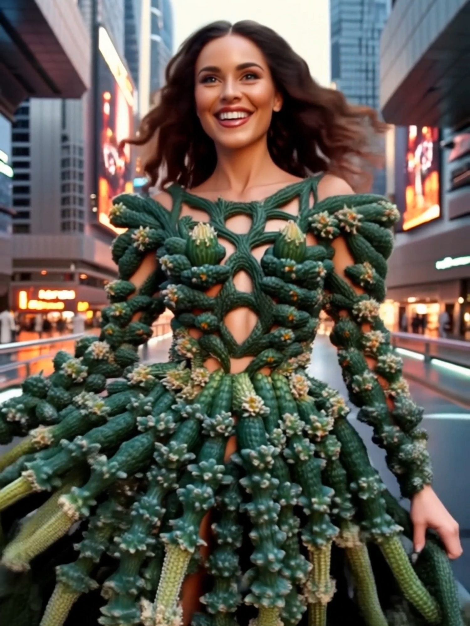 🌵 Would you dare to wear a dress made of cacti? 😱✨ Like and comment if you would, and tell us what occasion you'd wear it for! 💚 #FashionChallenge #CactusDress #DareToWear #BoldFashion #UniqueStyle #FuturisticFashion#ia #OutfitInspo #futuristic #ia