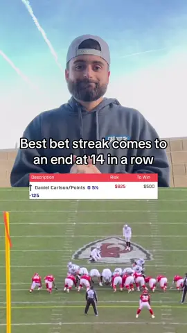 Best bet streak comes to an end at 14 in a row. What an incredible run. I cannot believe the streak ended this way😅 Daniel Carlson hadn’t missed a field goal since early September. Today, Carlson missed THREE TIMES. Drew it up to a T, just didn’t execute. The last play of the game was the most fitting ending possible.  Best bet: Daniel Carlson over 5.5 points ❌ Don’t stop tailing just yet, a new streak begins tomorrow. We will be back. Horrible beat.  @blezbets  - #nfl #bets #bestbet #badbeat #raiders #lasvegas #betting #sportsbetting #sports #sportsbet #gambling #viral #reels #winwithquinn #football #kickers #danielcarlson 