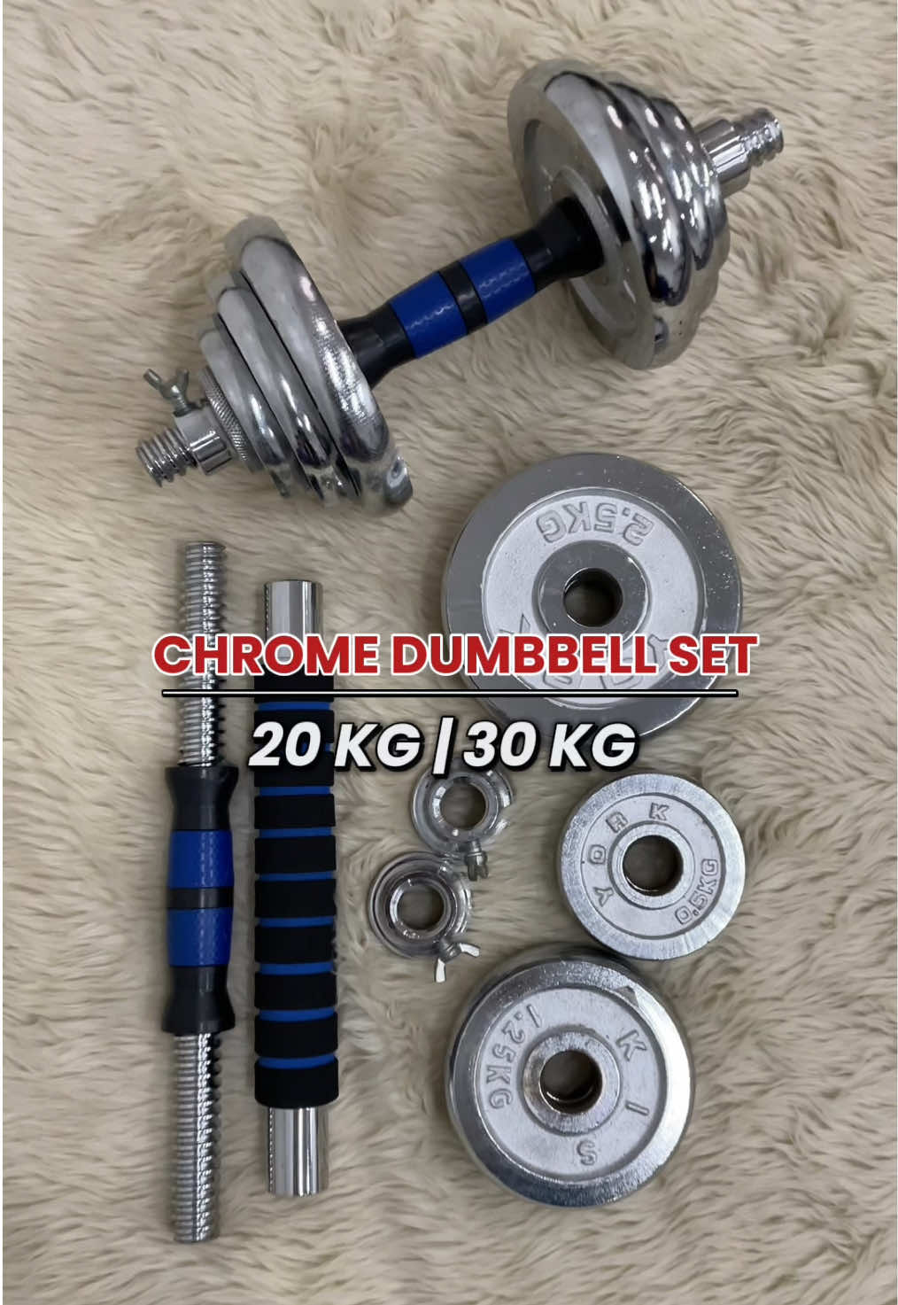 Chrome Dumbbell Set with long bar available 20Kg & 30Kg! #adjustabledumbbell #dumbbellset #dumbbellworkout #irondumbbell #barbell #dumbl #homeworkout #workout #homegym #fyp 
