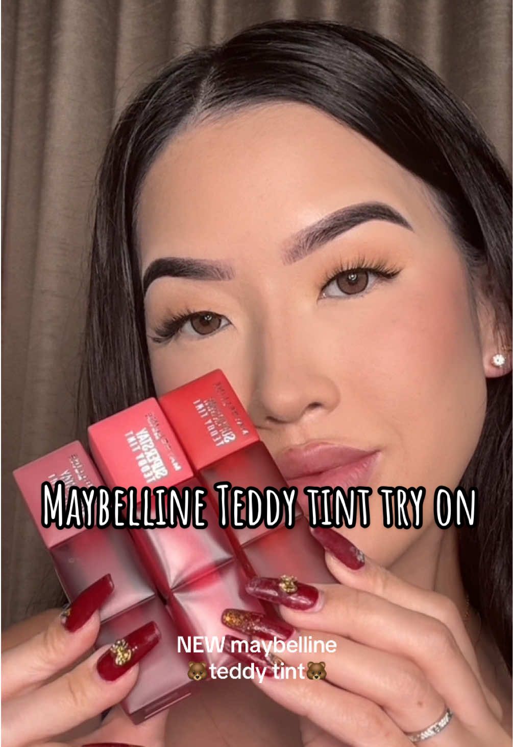 These are all over my fyp!! The last shade is my fav of course💋❤️ @Maybelline NY #maybeitsmaybelline #maybelline #maybellineteddytint #teddytint #transferproofmakeup #tryon #newmakeup #viralmakeup 