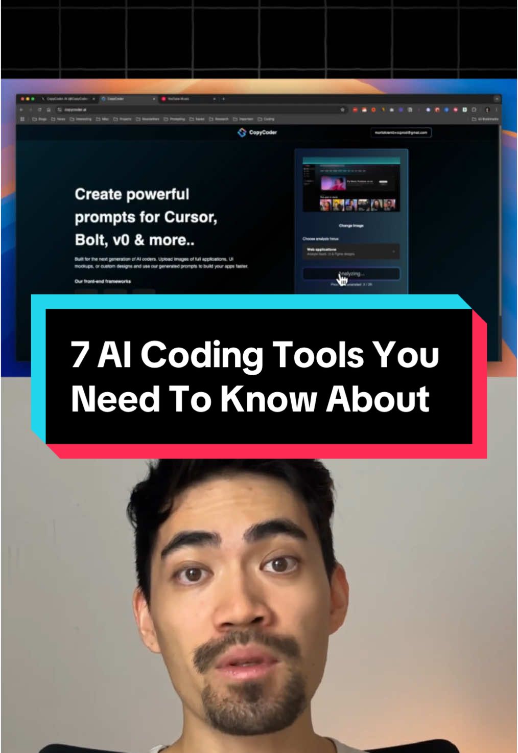 The 7 AI Coding tools you need to know about: 1. Cursor.com 2. Windsurf 3. Bolt.new 4. v0.dev 5. Copycoder.ai 6. Replit.com 7. Lovable.dev
