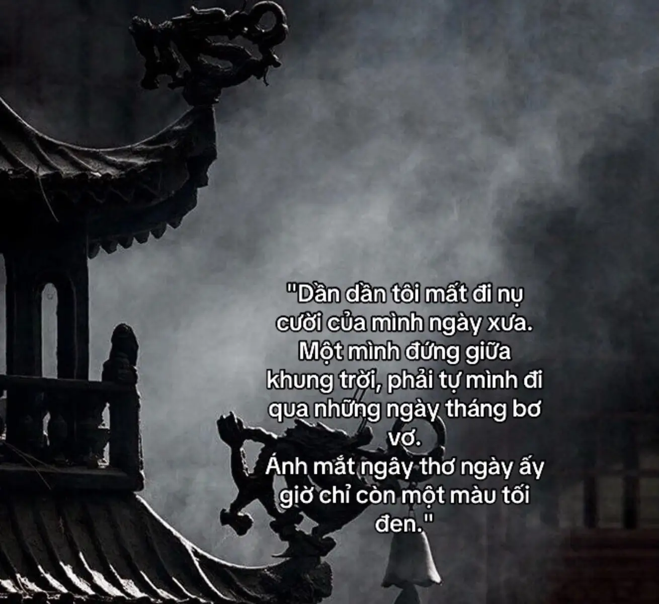 渐渐地，我失去了往日的笑容。独自一人撑起天空，不得不独自度过孤独的日子。那双无辜的眼睛现在只剩下黑色。 “ Dần dần tôi mất đi nụ cười của mình ngày xưa. Một mình đứng giữ khung trời, phải tự mình đi qua những ngày tháng bơ vơ. Ánh mắt ngây thơ ngày ấy giờ chỉ còn một màu tối đen. “ #xh #xuhuong #xhuongtiktok 