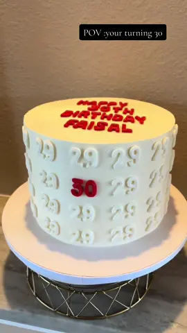 I am obsessed with this new trend!! This cake really makes you feel 30.                                                                Running put of ideas for a birthday cake?? You have this unique beautiful cake right here. 29 written all over it but a 30 in red right where you can see it. Dm me for any orders!!                                                #houstontx #samarcake #viralvideo #cakedecorating #justturned30 #tylerthecreator #fyp 
