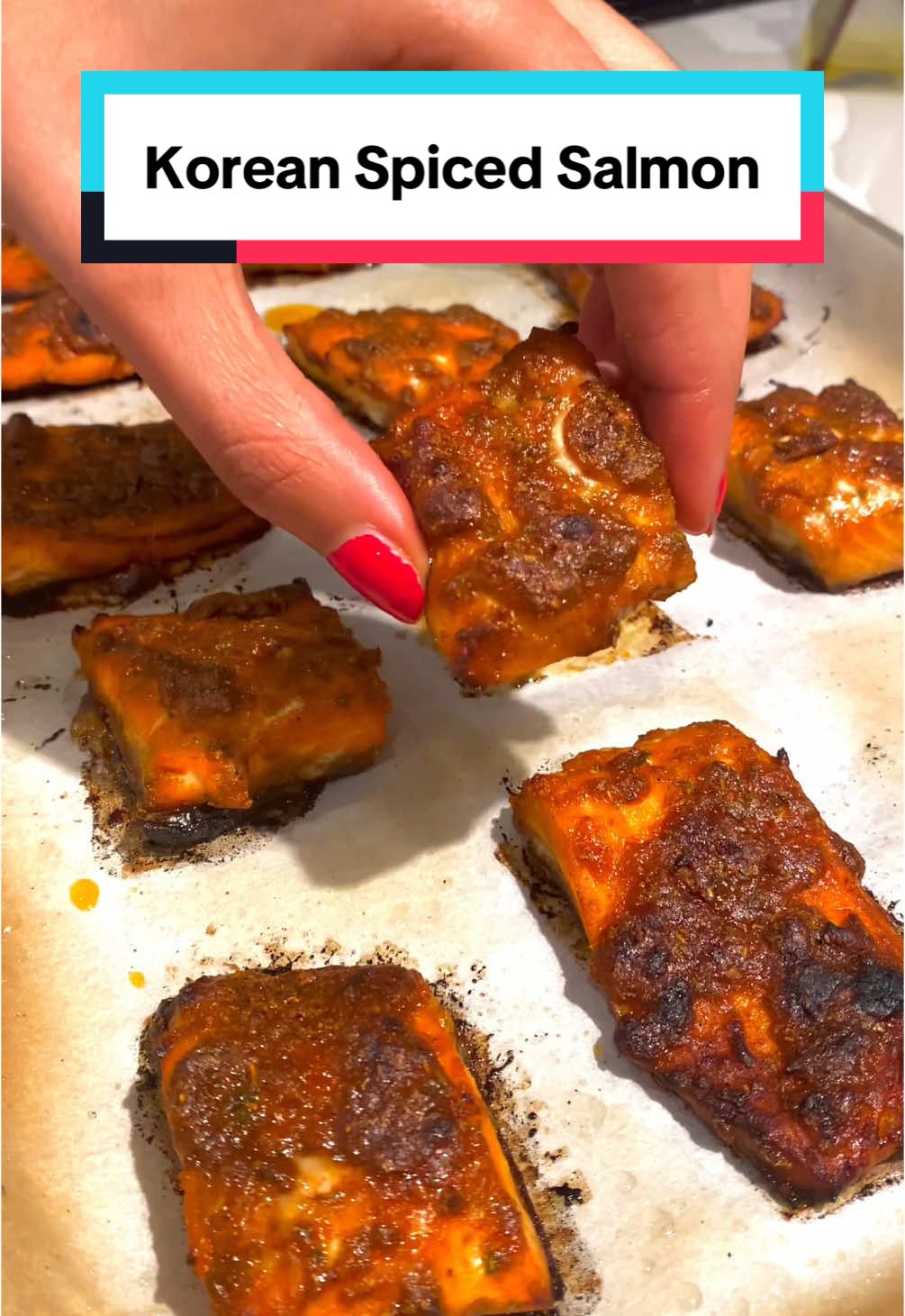 Have You Tried Korean Spiced Salmon Bites?!?!  Follow for more ❤️ You gotta try this delicious salmon recipe that always impresses! And you can make this with salmon or whatever fish you have in the house! Full recipe: - Cut your salmon or fish of choice into bite-size pieces - Then marinated with 1 tablespoon honey, 1 teaspoon turmeric, 2 teaspoons coriander powder, salt to taste, 1 tablespoon gochujang chili paste, and 2sp of your favourite fish seasoning (optional) - then broil for 15min and enjoy! #Recipe #EasyRecipe #salmon #food #foodtiktok #tasty #asmrfood #healthy #healthyrecipes #homemade #foryou 