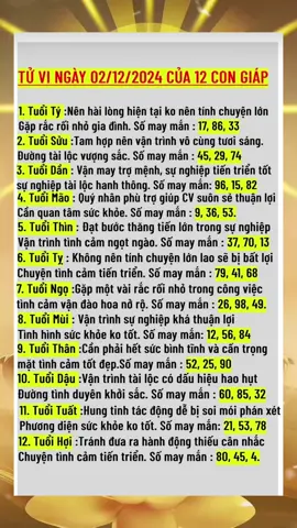 Tử Vi Hàng Ngày : Thứ Hai Ngày 02/12/2024 Của 12 Con Giáp #tuvisomenh #tuviphongthuy #xemtuvi #tuvihangngay #tuvituongso #tuvi2024 #tuvi12congiap #tuvihomnay #tuvi #tuvitrondoi2024 #capcut  #CapCut #xuhuong #fyp #phatphapnhiemmau 