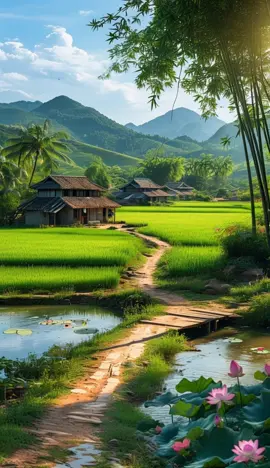 Một bức tranh thanh bình với cánh đồng lúa xanh mướt trải dài, điểm xuyết là ngôi nhà nhỏ nép mình dưới chân núi. Rặng tre lao xao trong gió và đàn chim bay lượn trên bầu trời, tất cả tạo nên một khung cảnh nên thơ và yên ả của làng quê. 🏡🌿🌥️#binhyen #chualanhtamhon #thiennhien #langque #chill #odaycoanhdep #songchamlai #annhien