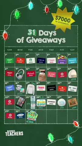 Count down the days to winter break with us this December during our Ultimate Teacher Holiday Giveaway! 🎁 We’re giving away over $7,000 in prizes EVERY DAY in December to YOU! Gift cards, teacher swag, teacher supplies, and more! It’s 31 Days of Amazing Giveaways to celebrate educators this holiday season! ✨  How to Enter:  1️⃣ Follow the link in our bio and check out the full month of prizes!  2️⃣ Enter the giveaways on each day for more chances to win! 🎉  3️⃣ Check your inbox & our socials for our weekly winner announcements!  Don’t miss out — the fun lasts all month!  #UltimateTeacherHolidayGiveaway #HolidayPrizes #boredteachers #teachergiveaway — This giveaway is in no way sponsored, endorsed, or administered by, or associated with, Instagram or Facebook.