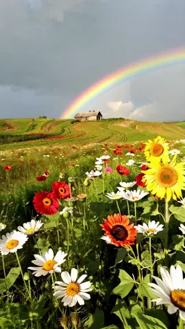 A rainbow shining over a field of wildflowers #aesthetic #daisy #poppies #sunflower #flowers #fyp #nature #countryside #flowerlover #naturelovers
