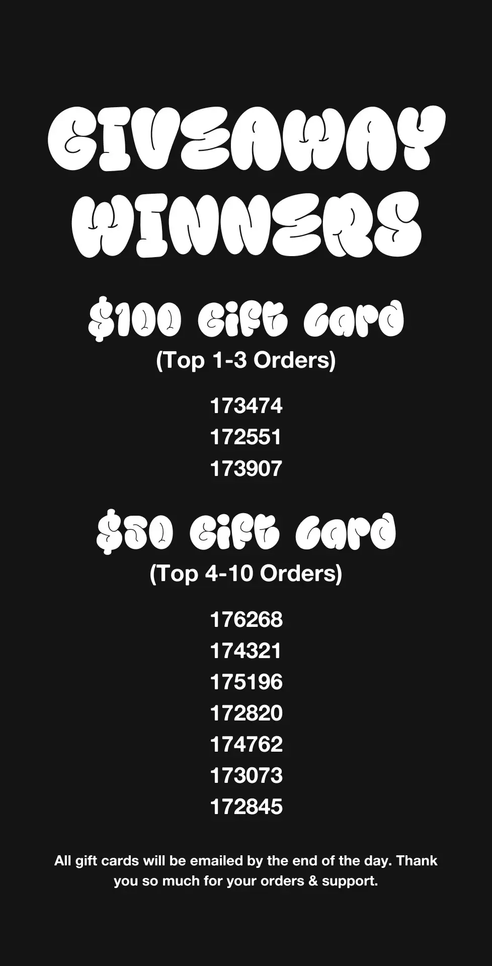 ★  Congratulations to the winners of our giveaway! If your order number is listed in the post, please keep an eye on your inbox, as your gift card will be emailed to you by the end of the day today ★ We want to take a moment to thank everyone for their patience and understanding as we worked through the weekend to process refunds and combine orders. We appreciate the support as we worked to resolve everything.