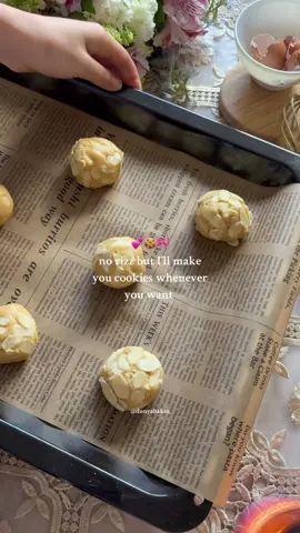 Pretty girls bake cookies 🍪 Recipe for these almond croissant cookies is on my page 💌  #softgirl #girltherapy #baketok #cookies #almondcroissant #fyp #asmr #bakingtherapy #rizz #girlythings #arianagrande 